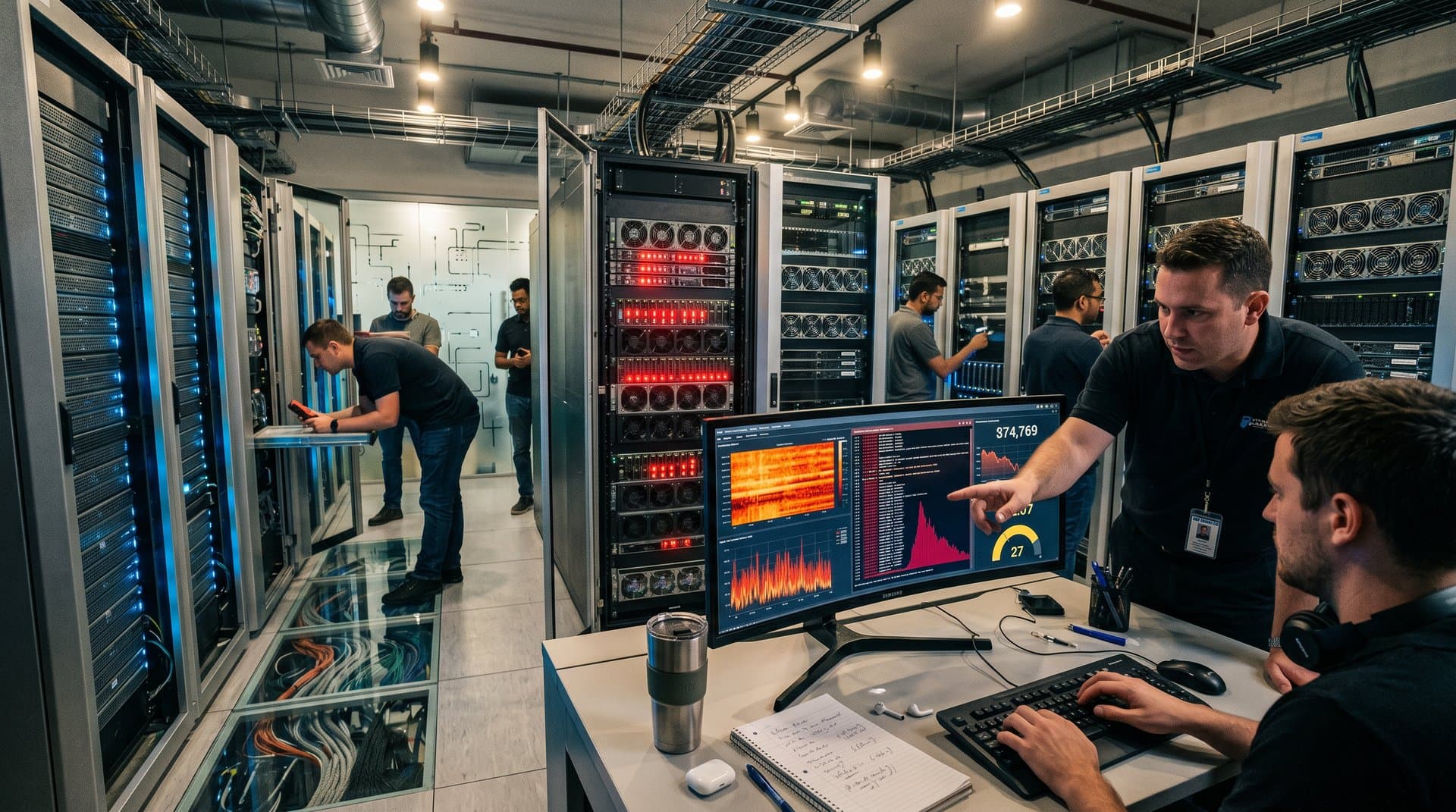 Data center breach alert on server racks and consoles, symbolizing risks to visual artists' digital portfolios