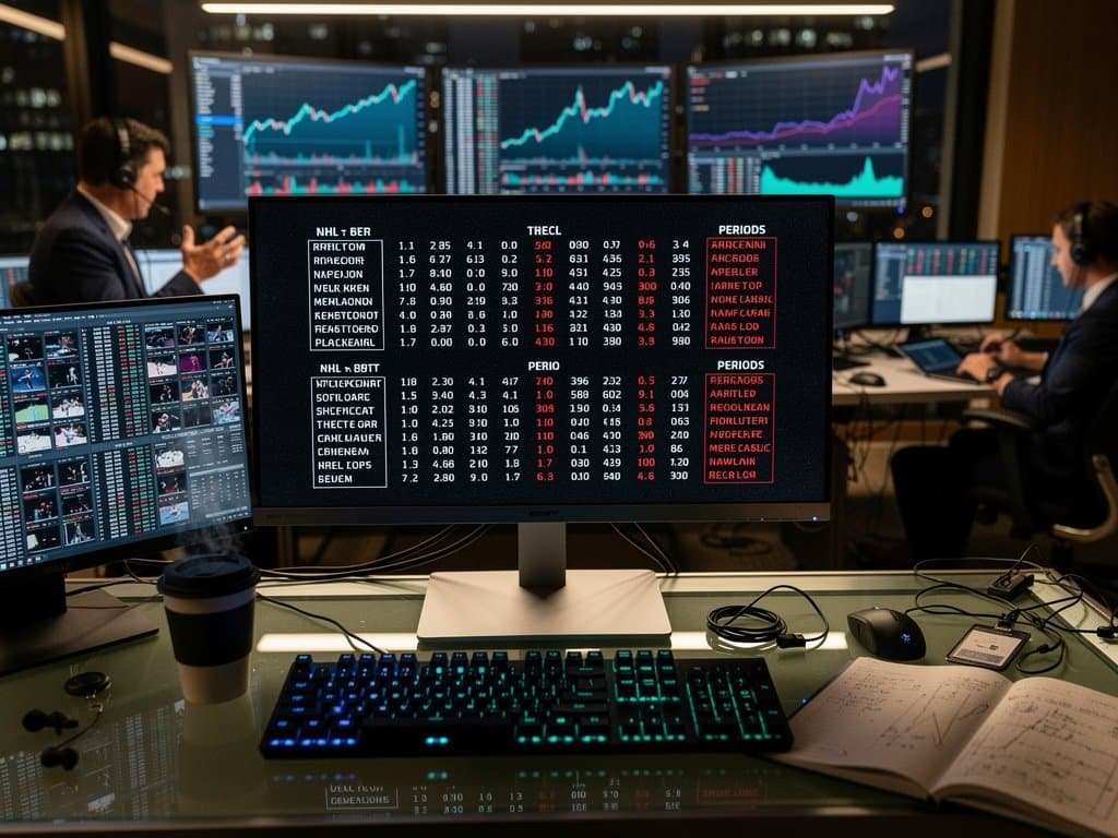 Terminal UI screen with NHL scoreboard grids in high-contrast ASCII art evoking photography composition