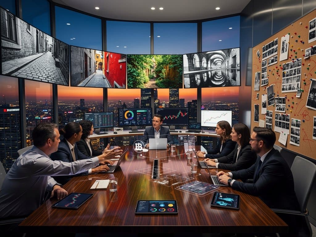 Conference room with AI photography on monitors, crypto charts, and dramatic lighting overlooking cityscape
