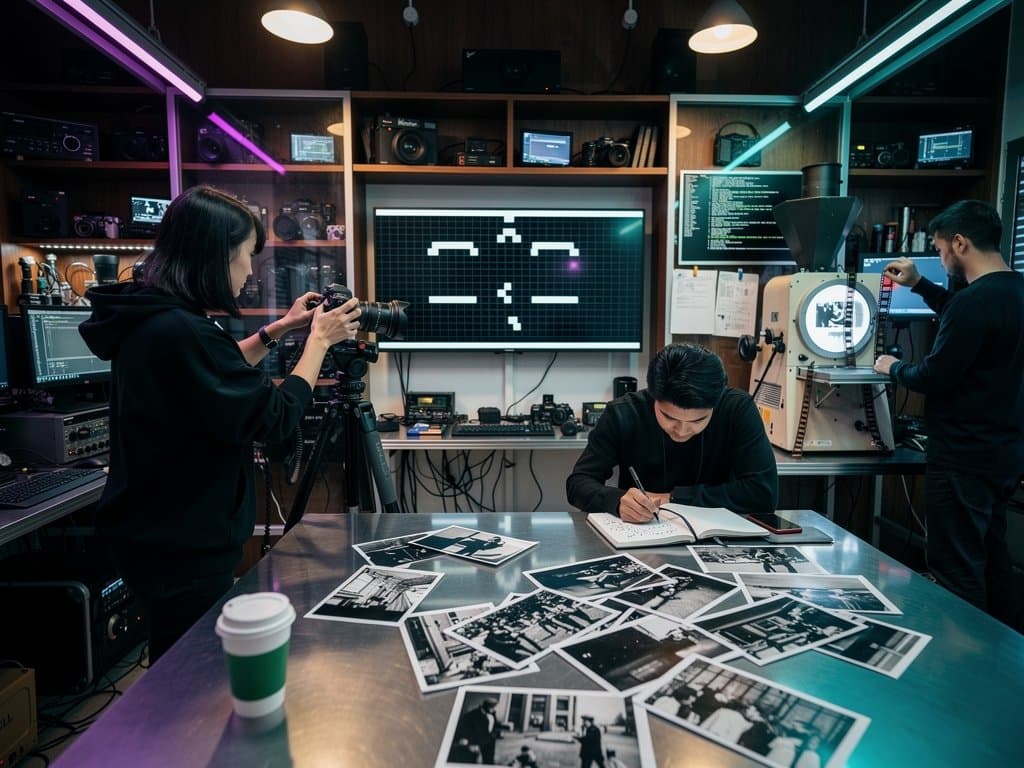 Pixelated CHIP-8 emulator screen with 64x32 retro game next to DSLR camera and photo prints in creative studio