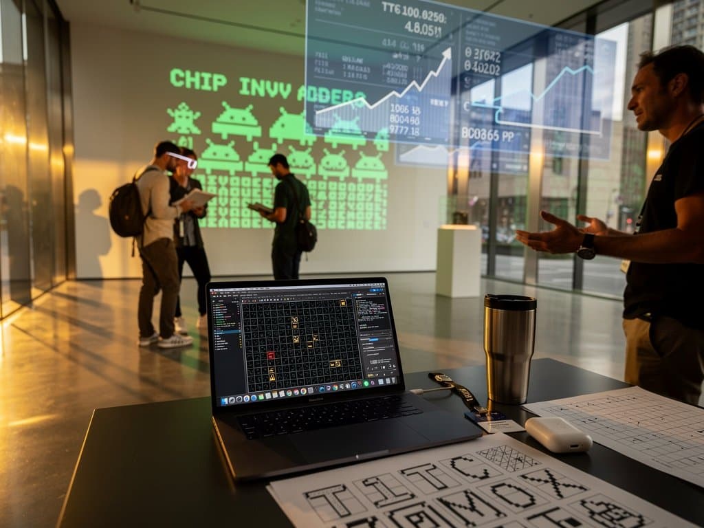 Gallery projection of 64x32 CHIP-8 emulator game amid pixel sketches, code screens, and crypto charts in modern art space