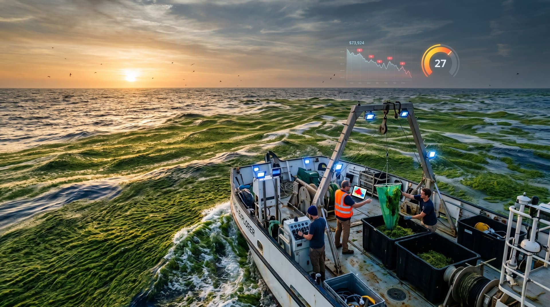 Surreal AI-mapped ocean algae blooms with expedition boat and crypto charts in digital art style