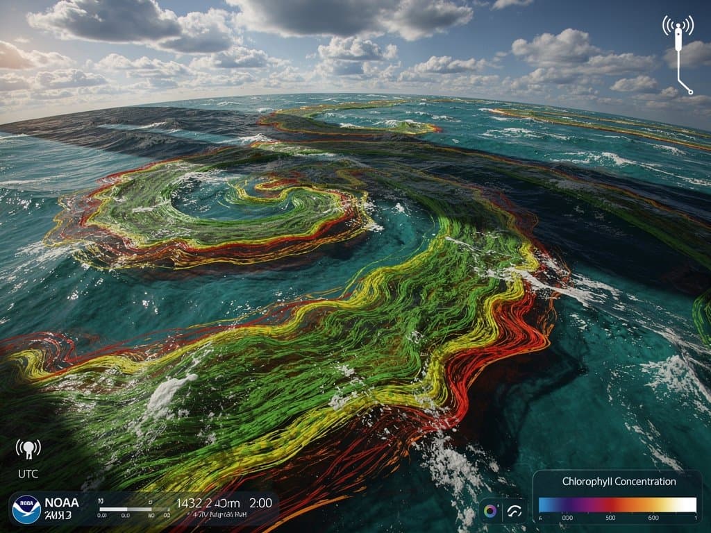 Dramatic satellite view of emerald algae blooms with AI overlays across turquoise oceans