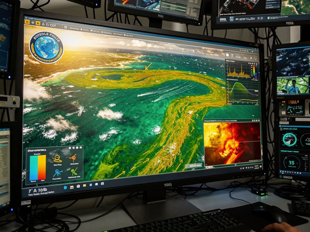 False-color satellite composite of sargassum algae blooms with AI analysis overlays in oceanic expanse