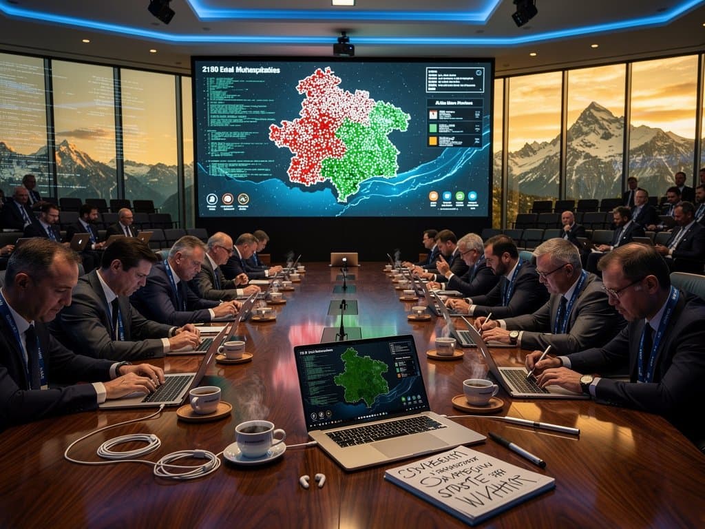 Screen displaying color-coded map of Swiss municipalities email providers: reds in cities, greens in rural areas, alpine conference setting