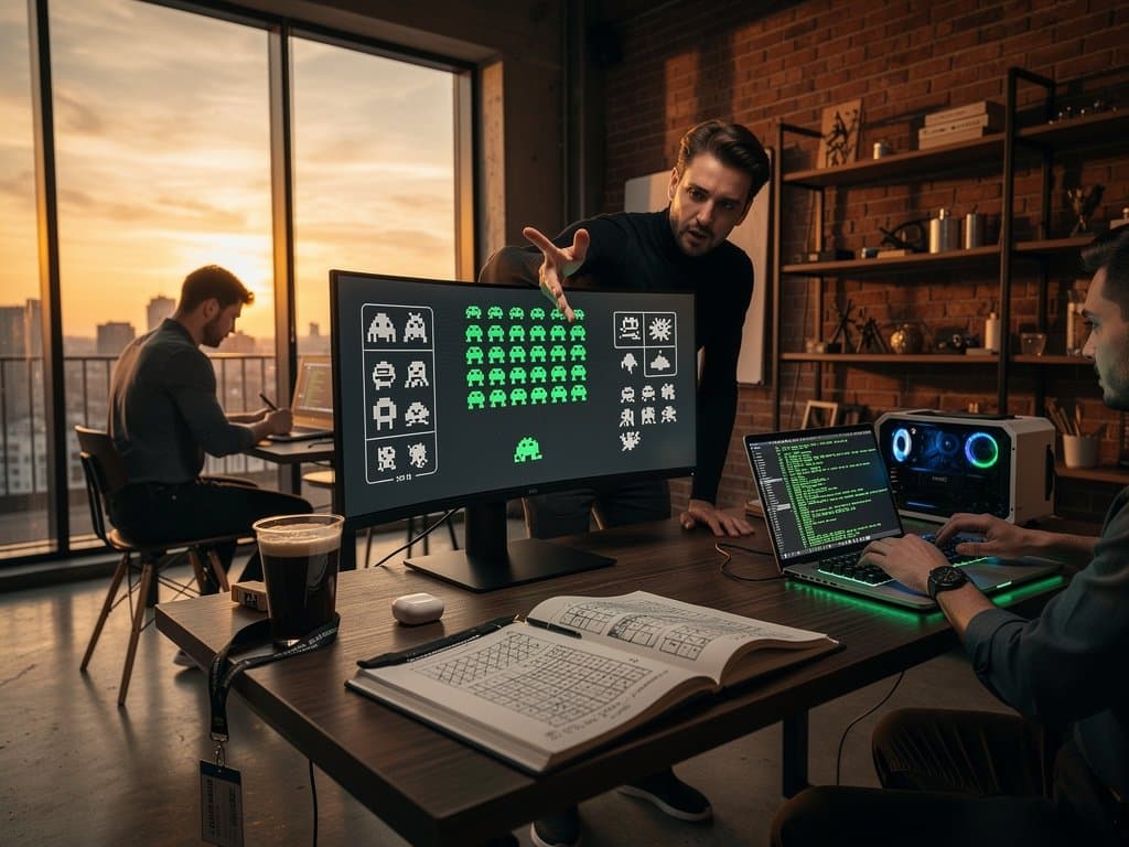 Digital art studio with 64x32 CHIP-8 pixel graphics on monitor amid prints, keyboards, and sketches under warm lights