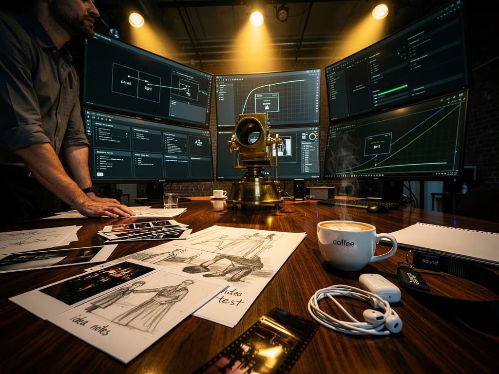 Artist studio with tmux screens showing AI agent critiques of photo compositions amid darkroom tools and digital prints