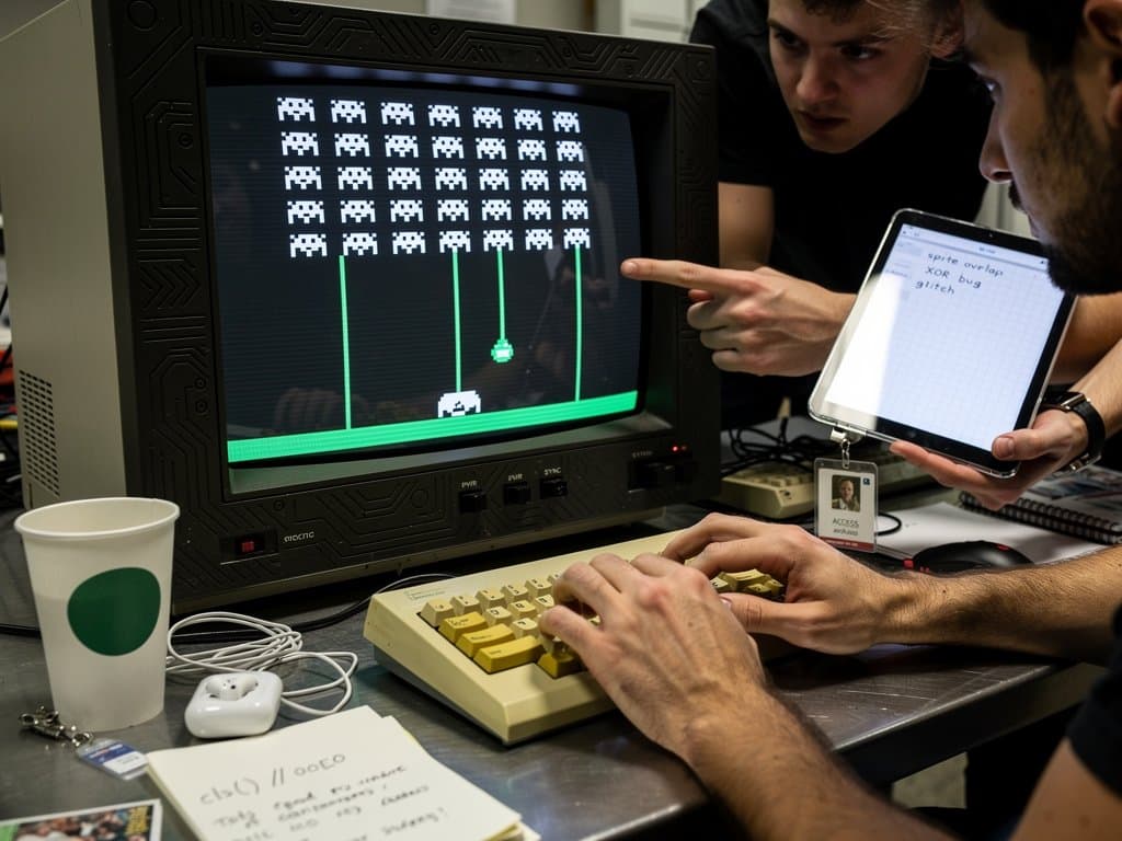 64x32 pixel CHIP-8 INVADERS game on retro CRT terminal with bespoke opcode code, high-contrast monochrome visuals