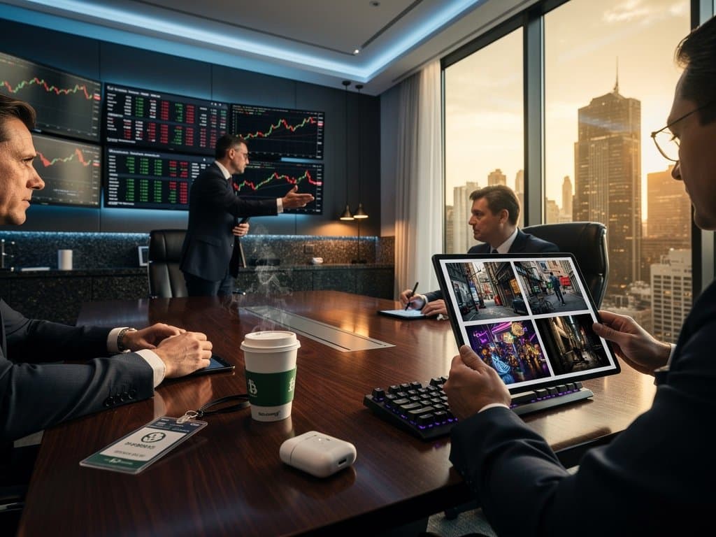AI-generated art and crypto charts on monitors in modern briefing room with conference table and city view