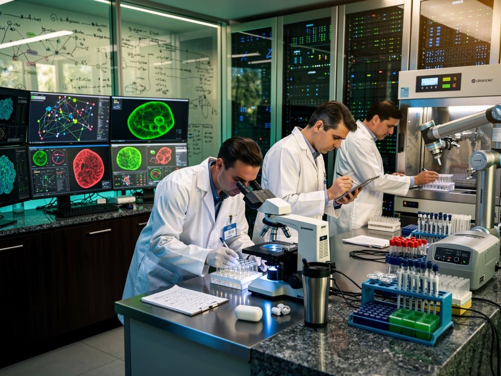Zeiss confocal microscope scans organoid cultures on robotic arm in DeepMind lab, 3D renders glow on monitors amid server racks and diagrams