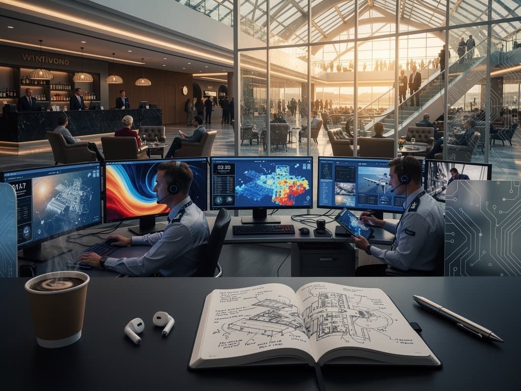 AI-curated dynamic visual art and data dashboards illuminate airport control center screens