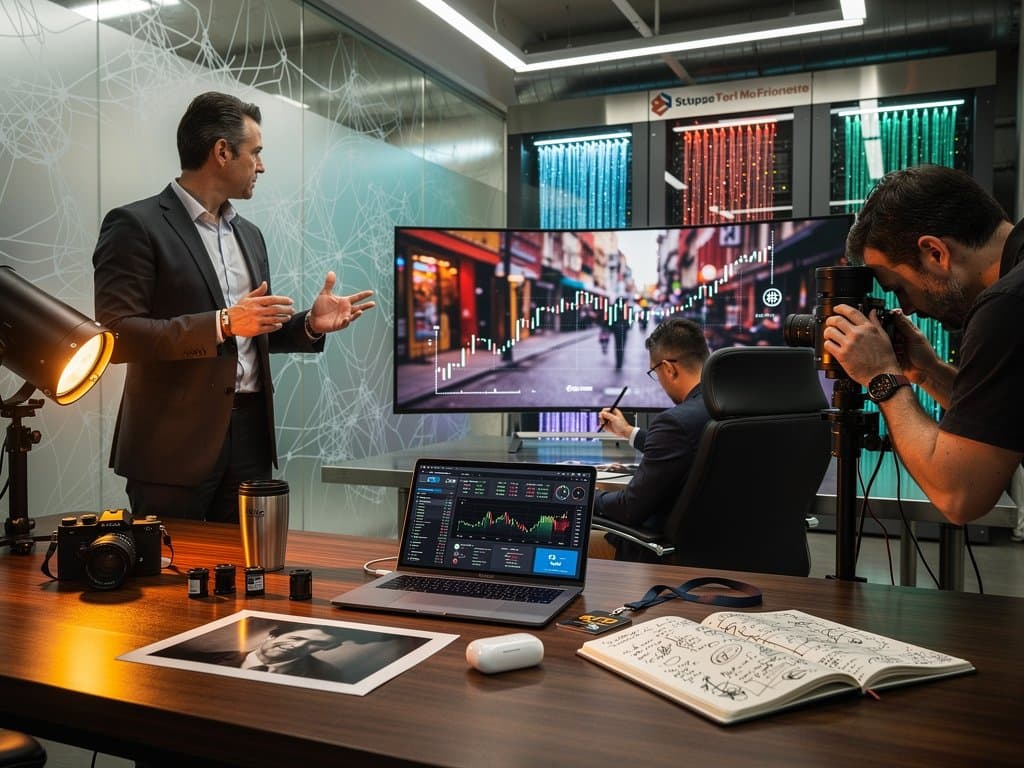 Darkroom table with Leica camera, AI photo on monitor over BTC chart, blockchain ledger, Paris Photo elements in cinematic light