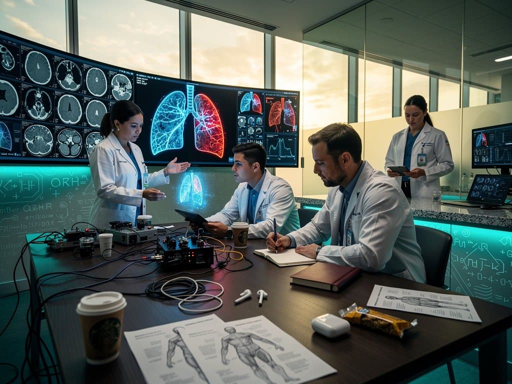 AI healthcare lab with glowing CT scans, neural pathways, and holographic models on monitors under diffused natural light
