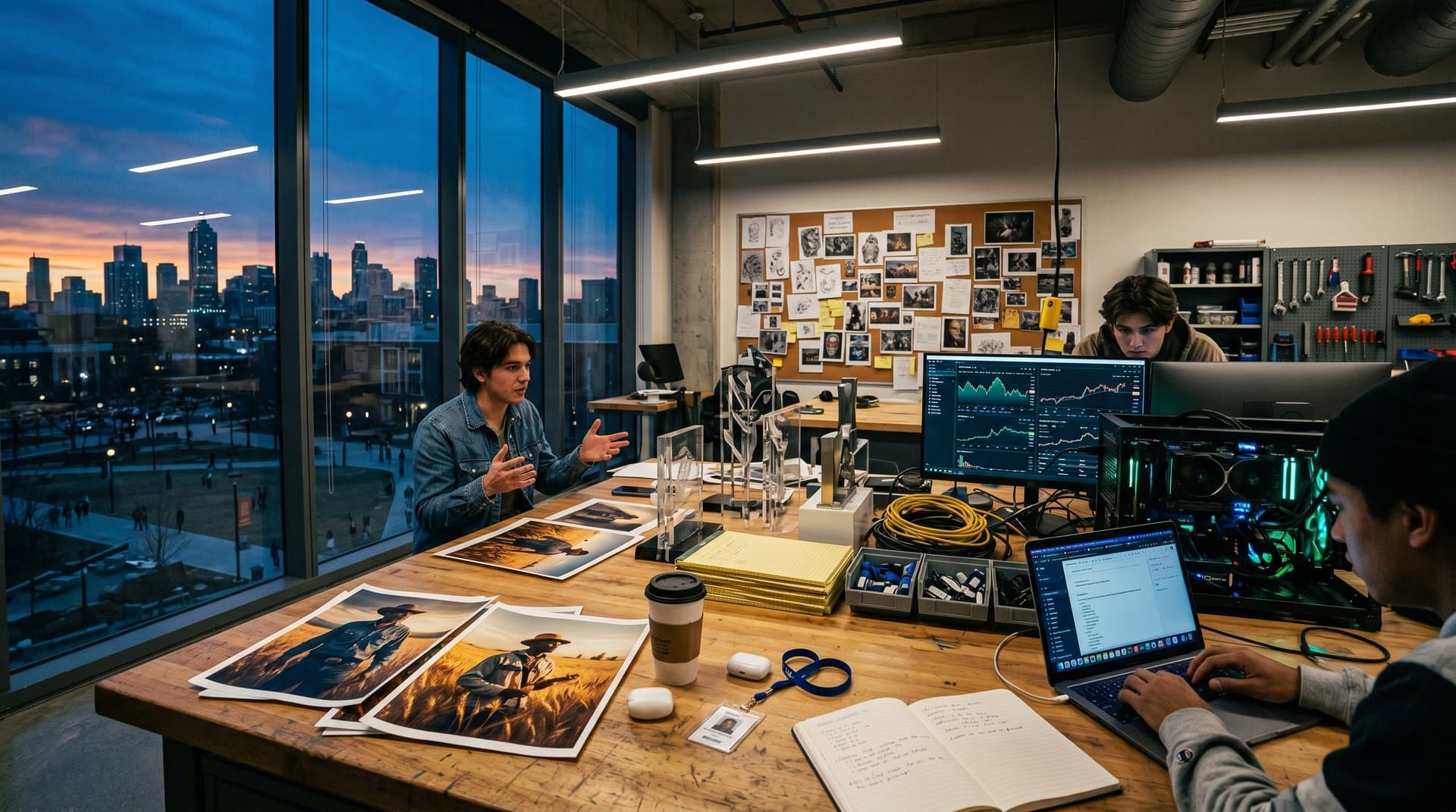 Visual arts studio with AI-generated empathetic imagery prints, crypto charts, and diffusion model setups amid campus tension motifs