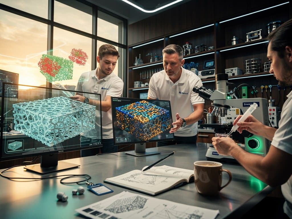 AI-enhanced battery cell cross-section on lab monitor with nanostructures in blues and golds amid high-tech equipment