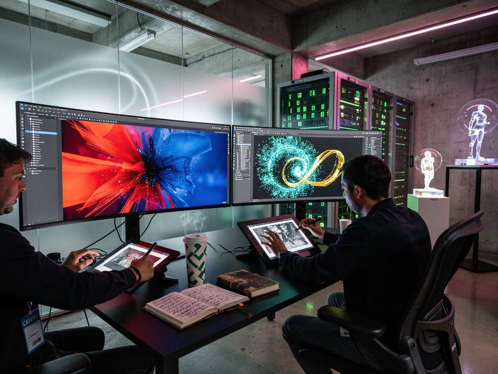 AI design studio screens displaying Claude Design and Figma with generative vectors in modern visual arts tech environment