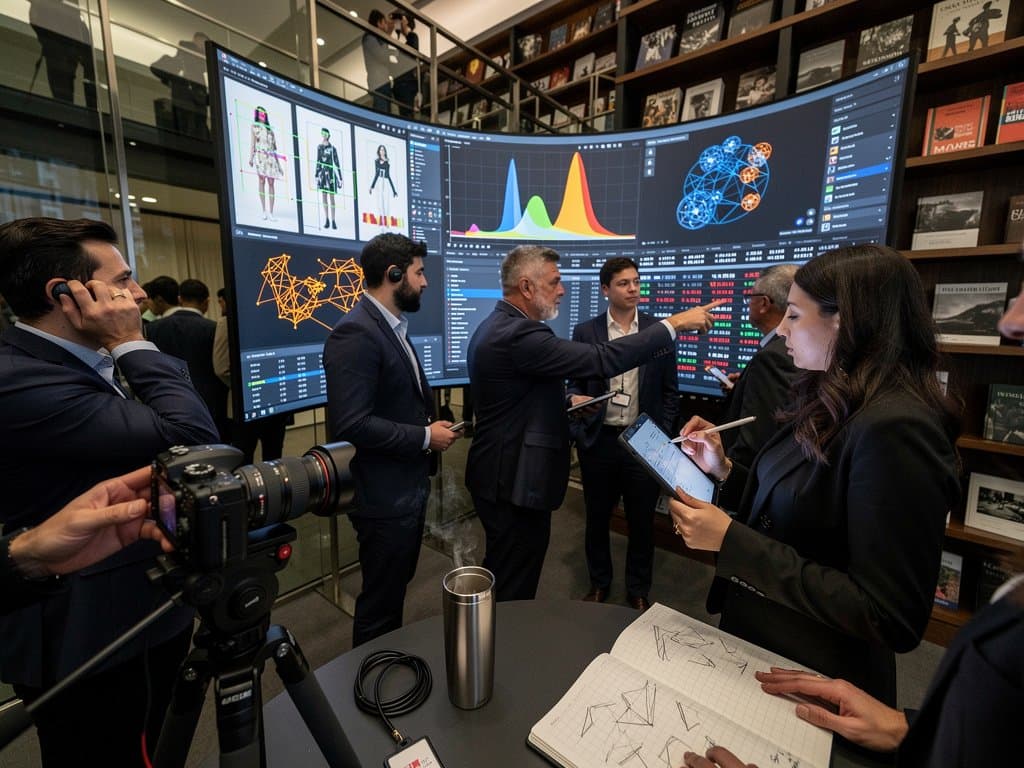 AI data tools screens analyze photography compositions in modern gallery with crypto charts