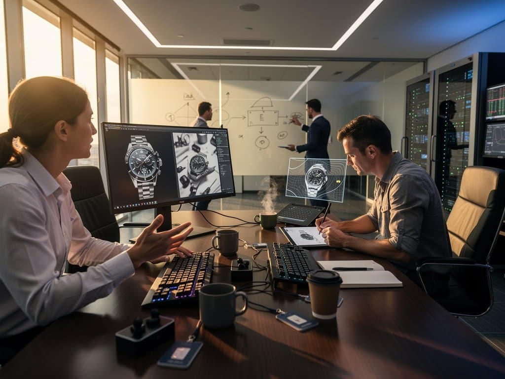 Monitors display AI image insertion edits with product integrations amid lab tech gear and photography prints