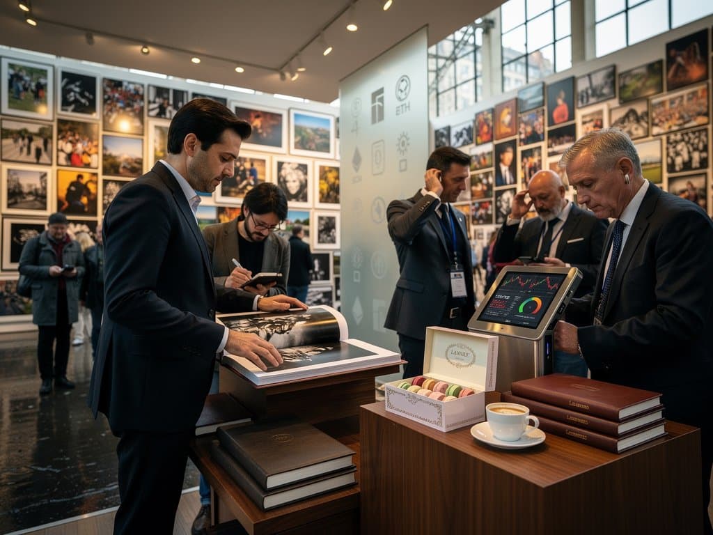 Gallery booth with crypto payment terminal, photography prints portfolio, and market data for Meow BVNK art finance