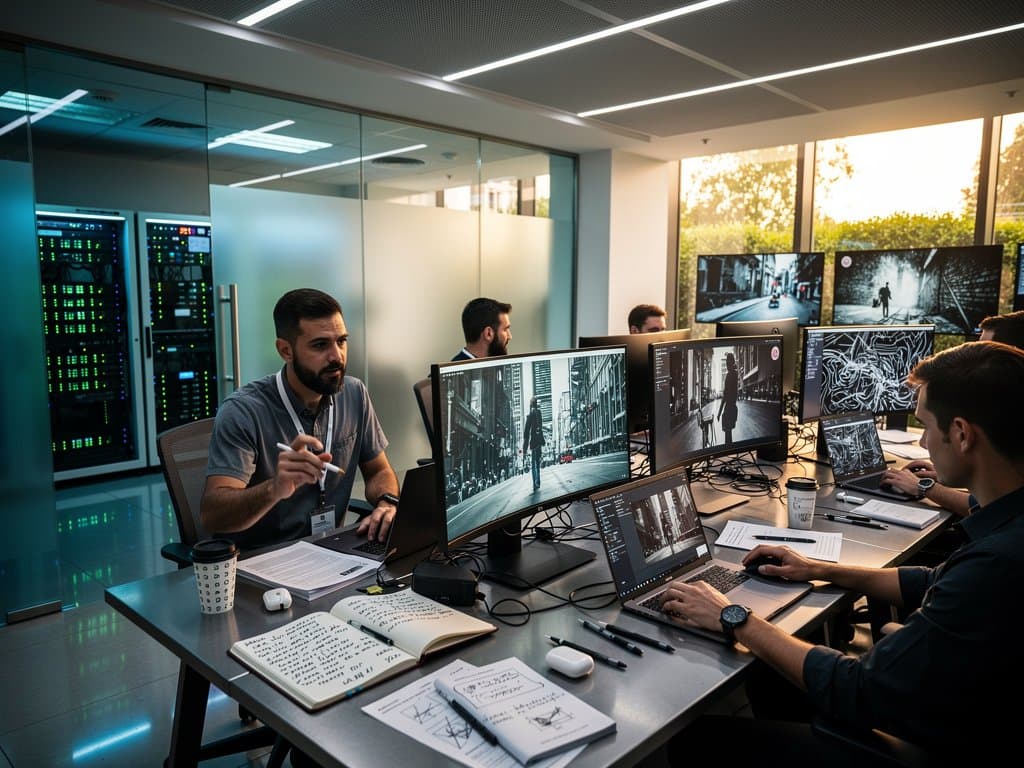 AI lab monitors show generative photography amid sleek desks, server racks, and glowing LEDs
