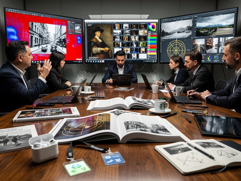 High-tech lab monitors display AI analyses of visual art heatmaps, compositions, and photography scores amid modern conference setup