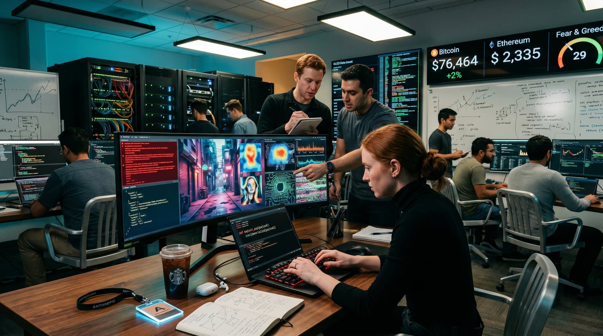 Curved ultrawide monitor shows code vulnerability alerts and AI-generated surreal photography landscapes in modern research lab with chiaroscuro lighting