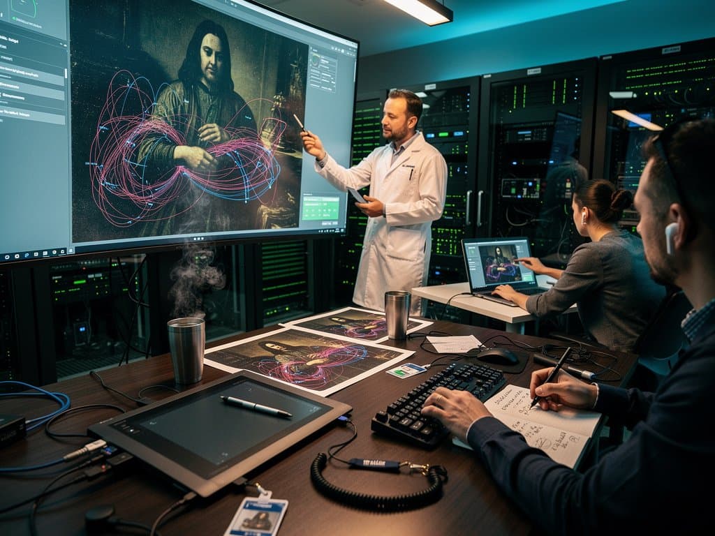AI brushstroke analysis on Renaissance painting displayed on curved monitor in modern tech lab with servers and equipment