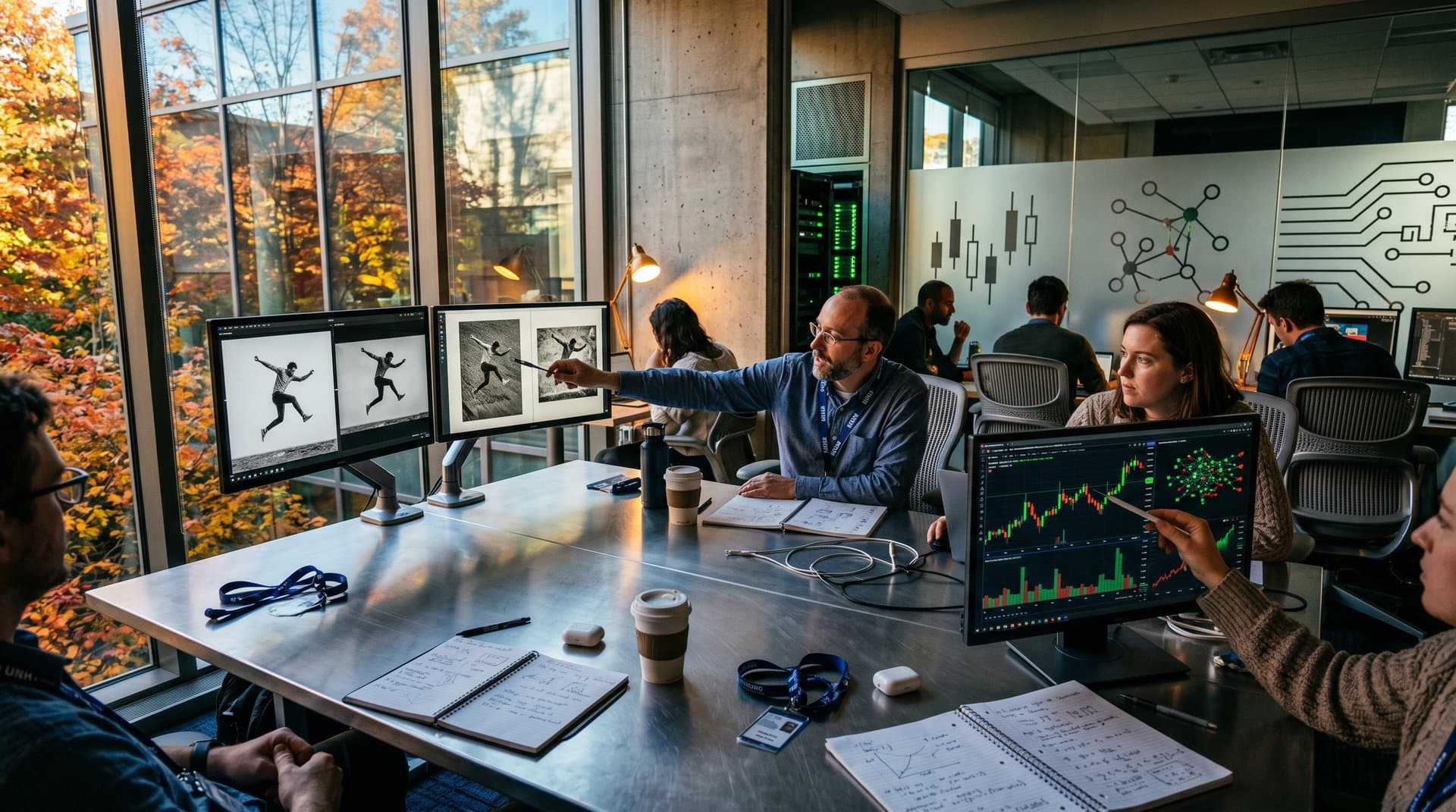 Tech conference room with monitors showing AI photos versus real prints and BTC charts, evoking ethics debate in modern setup
