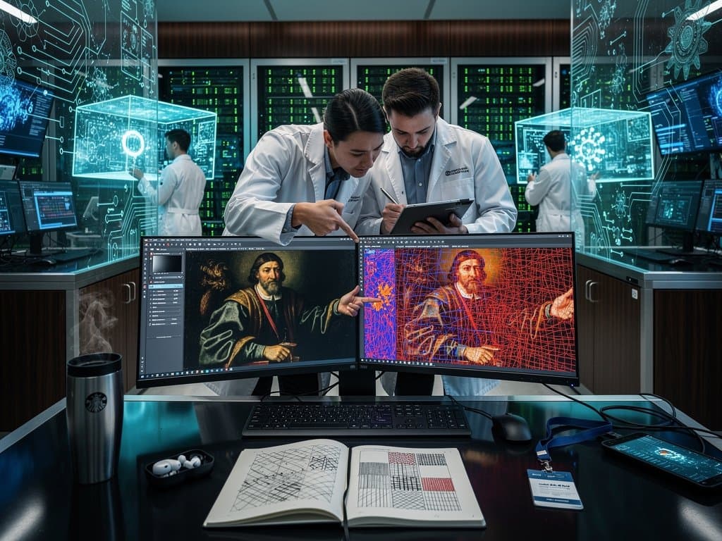 High-tech lab monitors display AI analysis of Caravaggio scan versus fake with anomaly heatmaps in modern setup
