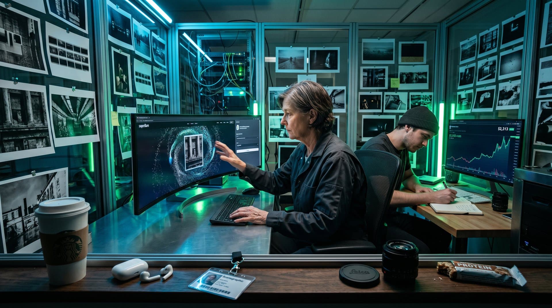 Digital art of Ethereum NFT minting interface with photography elements and low gas fees in neon darkroom