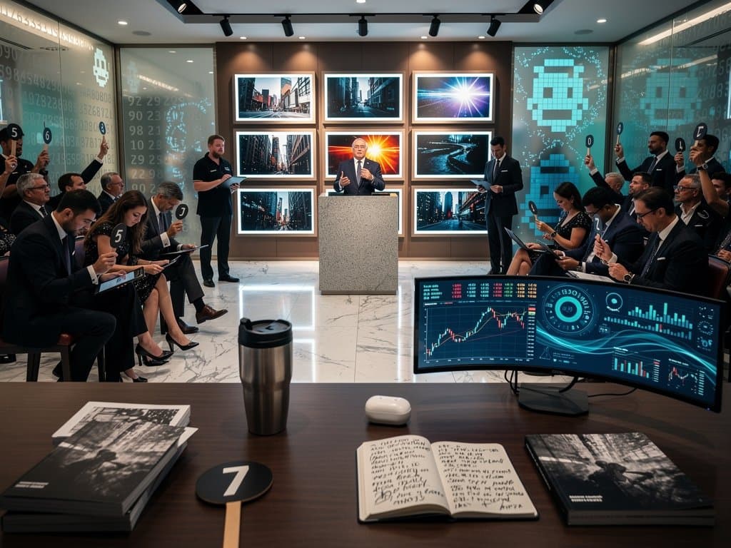 Auction house displaying NFT photographs with blockchain graphs, crypto screens, and photo catalogs under precise lighting