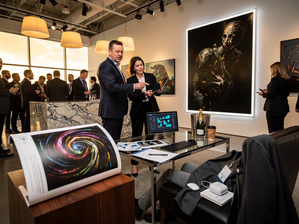 Collectors study AI-generated artworks in upscale auction house viewing room with catalogs, tablets, and blockchain displays