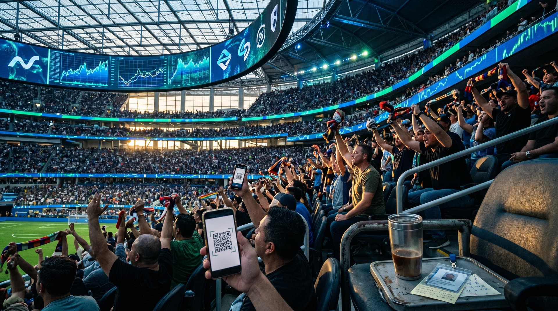 Digital NFT artwork of World Cup stadium morphing into blockchain and crypto elements under chiaroscuro lighting