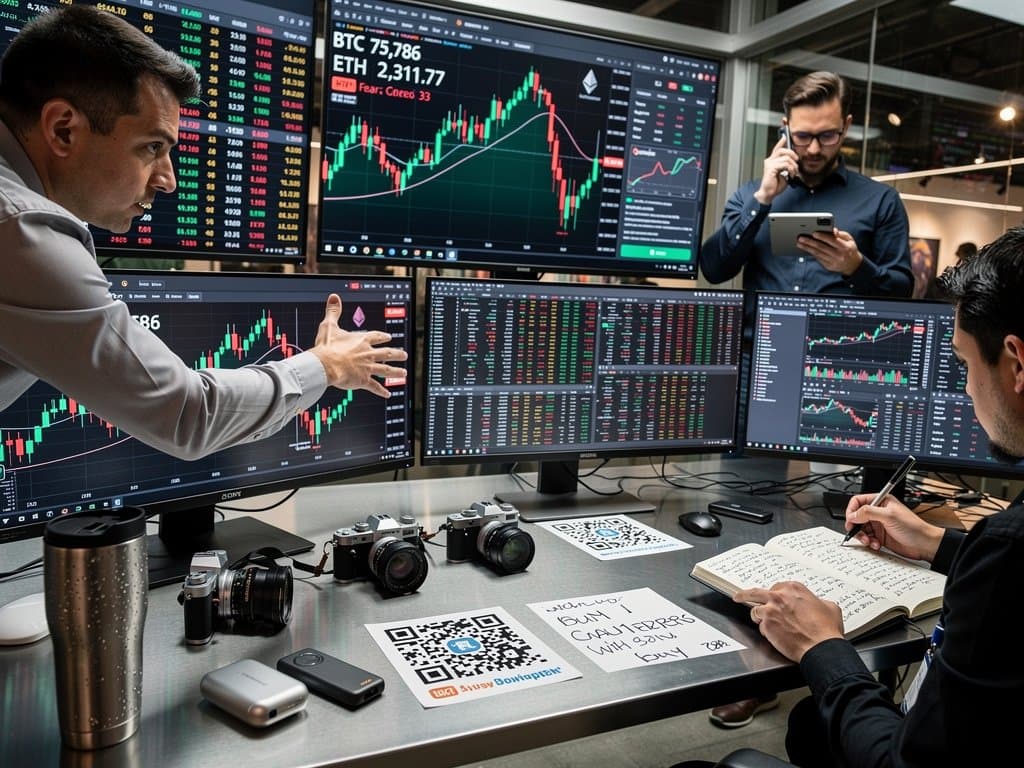 Crypto trading screens showing BTC at $75K and Fear Index at 33 amid abstract photo art of market patterns