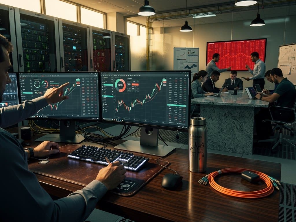 Engineers monitor crypto alerts in secure data center with multi-monitors, server racks, and modern tech setup