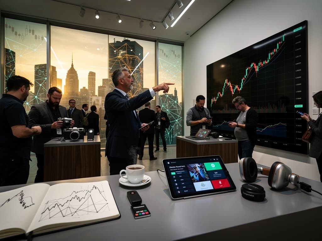Gallery showcases massive BTC chart print, wallets, and NFTs on pedestals amid projections of blockchain nodes in modern art space