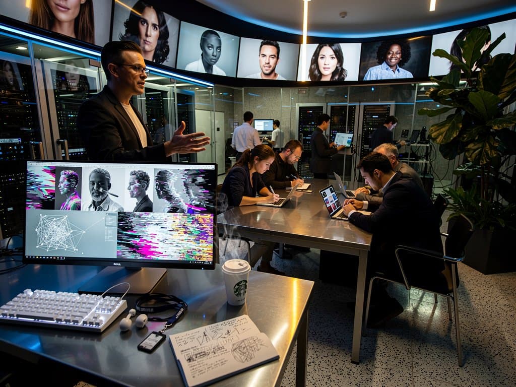 AI lab analyzes generative art on monitors amid collaborative tech setup