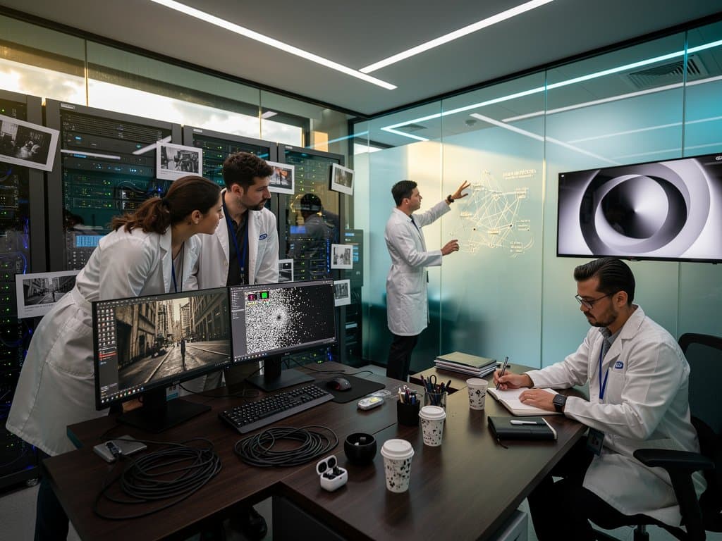 High-tech lab screens display AI peer review of chiaroscuro visual arts and synthetic image analysis amid blockchain provenance tools