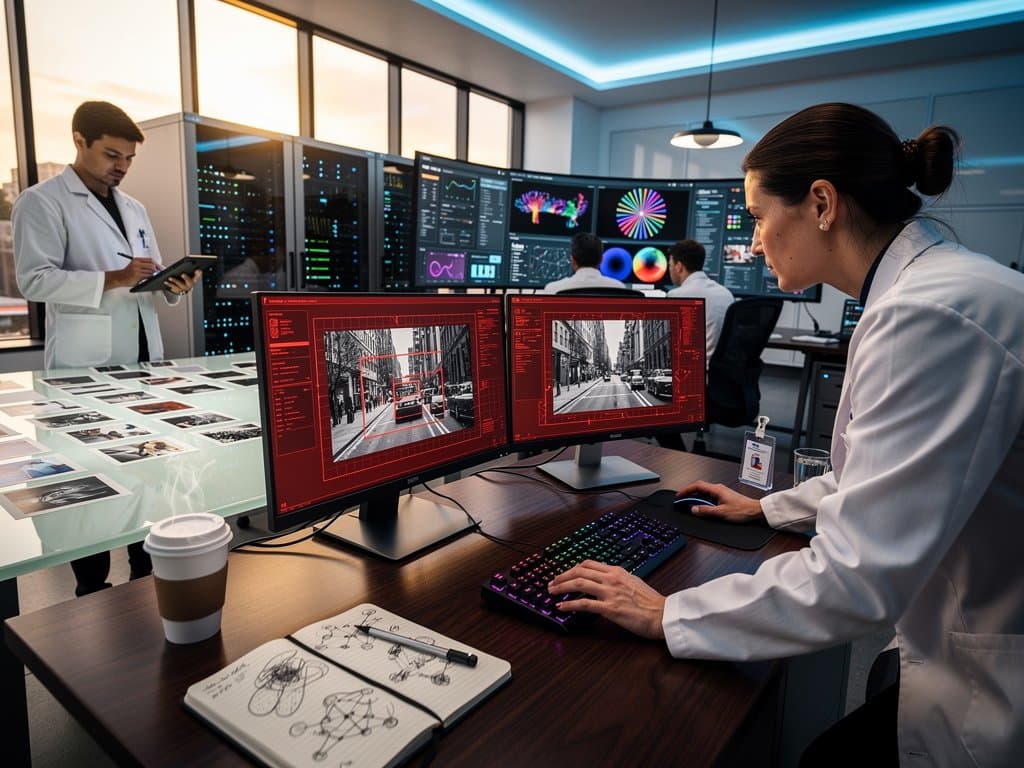 Monitors in modern lab display AI analysis overlays on black-and-white street photos, highlighting composition amid server racks and exhibition thumbnails
