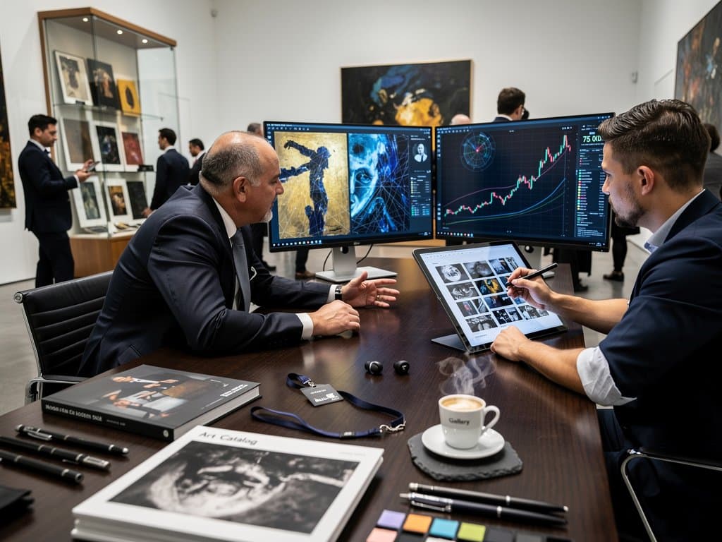 Modern gallery with AI screens analyzing visual artworks, crypto charts, and photography prints under dramatic lighting