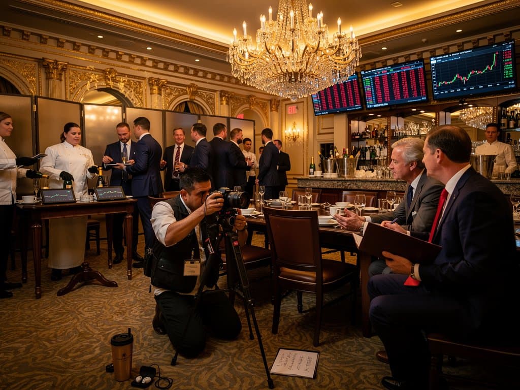 Photojournalist captures Idaho legislators and Trump affiliates in Mar-a-Lago ballroom amid crypto charts, chandeliers, and opulent shadows