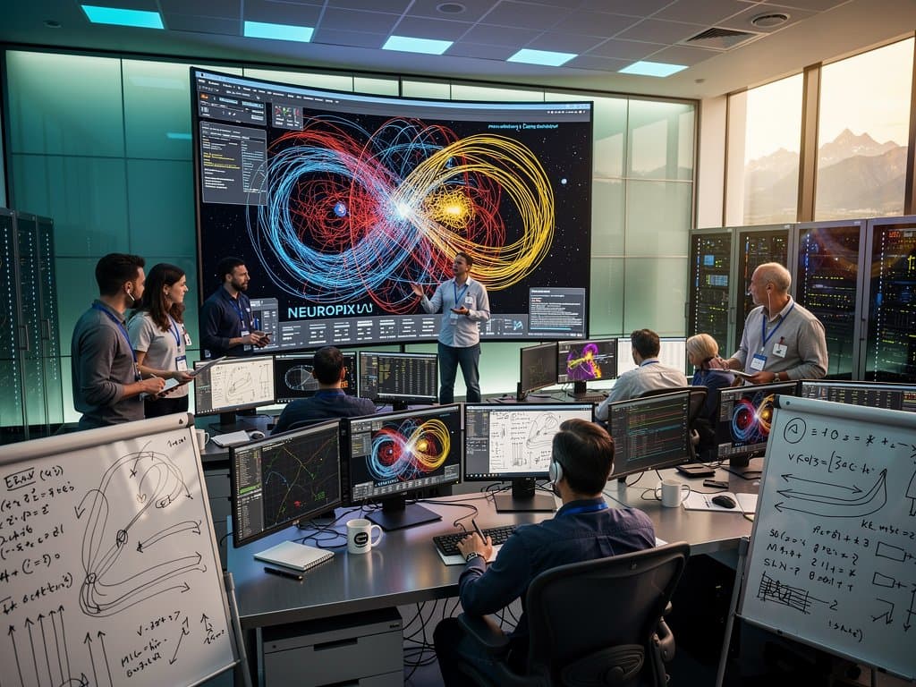CERN ATLAS control room screens show NEUROPix AI-enhanced particle tracks amid collaborative tech setup with monitors and data visualizations