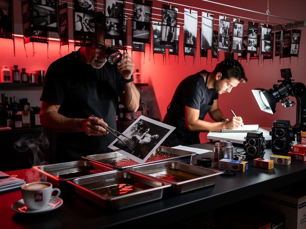 Darkroom with red safelight, developing trays, enlarger projecting negative, contact sheets, crypto Fear Index chart on wall, analog photo textures