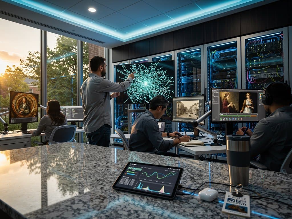 AI-restored visual artworks on multi-monitor setups in modern university lab focused on cultural preservation