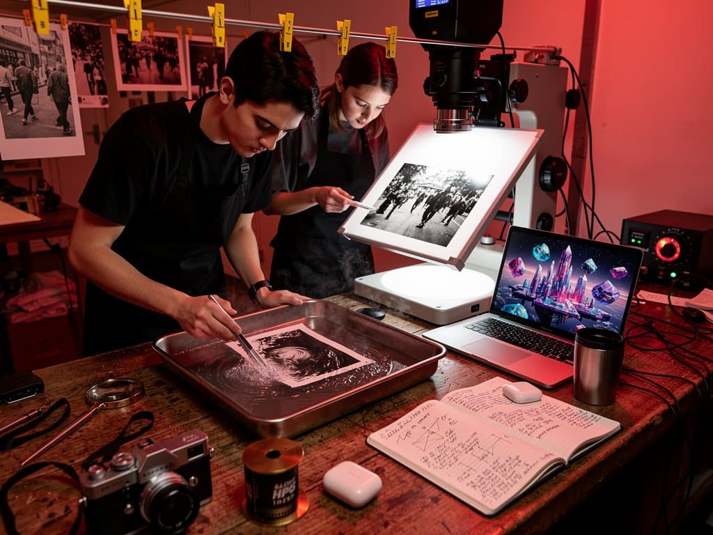 Darkroom students developing analog prints beside AI-generated screen, symbolizing human vs machine in photography education
