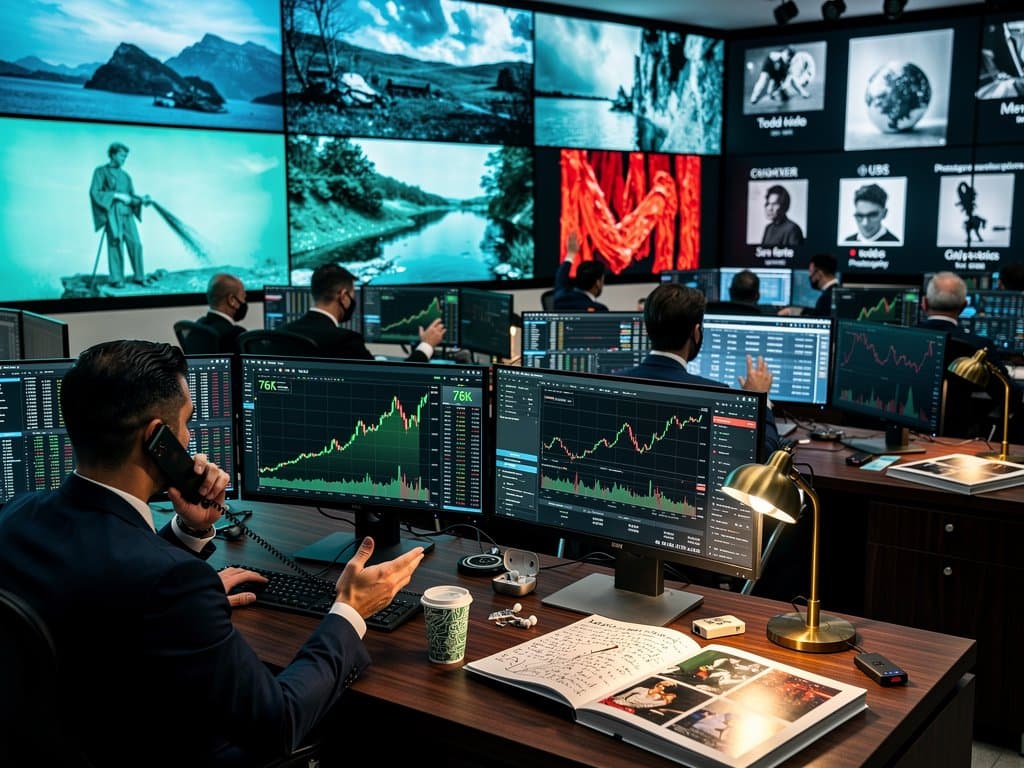 Trading floor with BTC $76K charts, Ethereum data, and Coinbase NFT photography collections