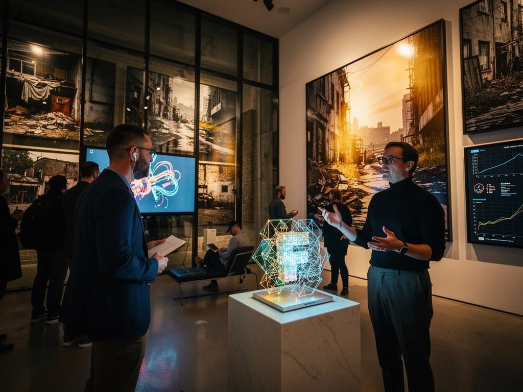 AI-generated art exhibition with chiaroscuro prints, NFT sculptures, and crypto visualizations in modern gallery space