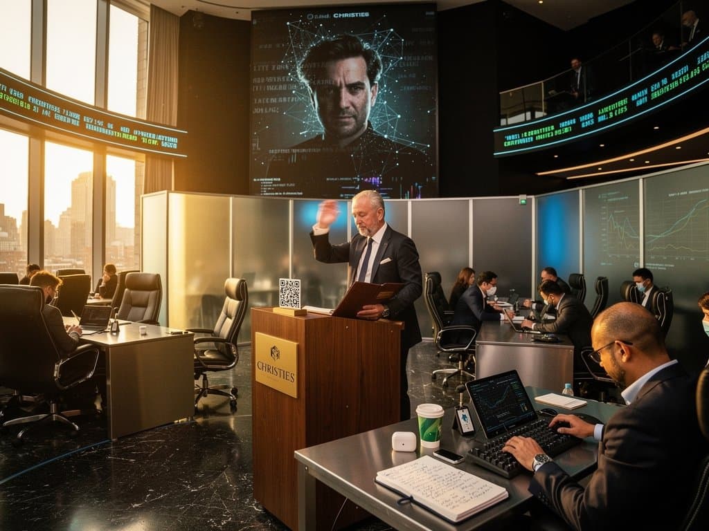 NFT photography exhibition in Christie's auction house with screens, prints, and crypto displays
